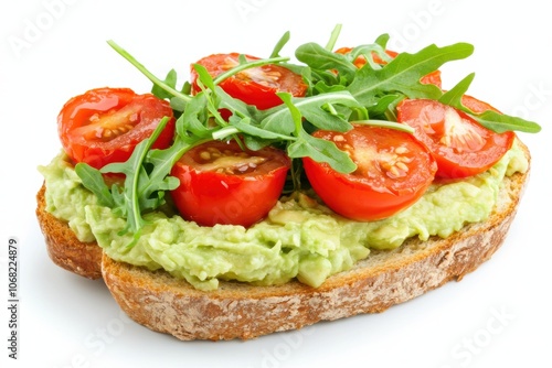 an avocado toast with mashed avocado, cherry tomatoes, and arugula on crusty bread, healthy and trendy, isolated on white background