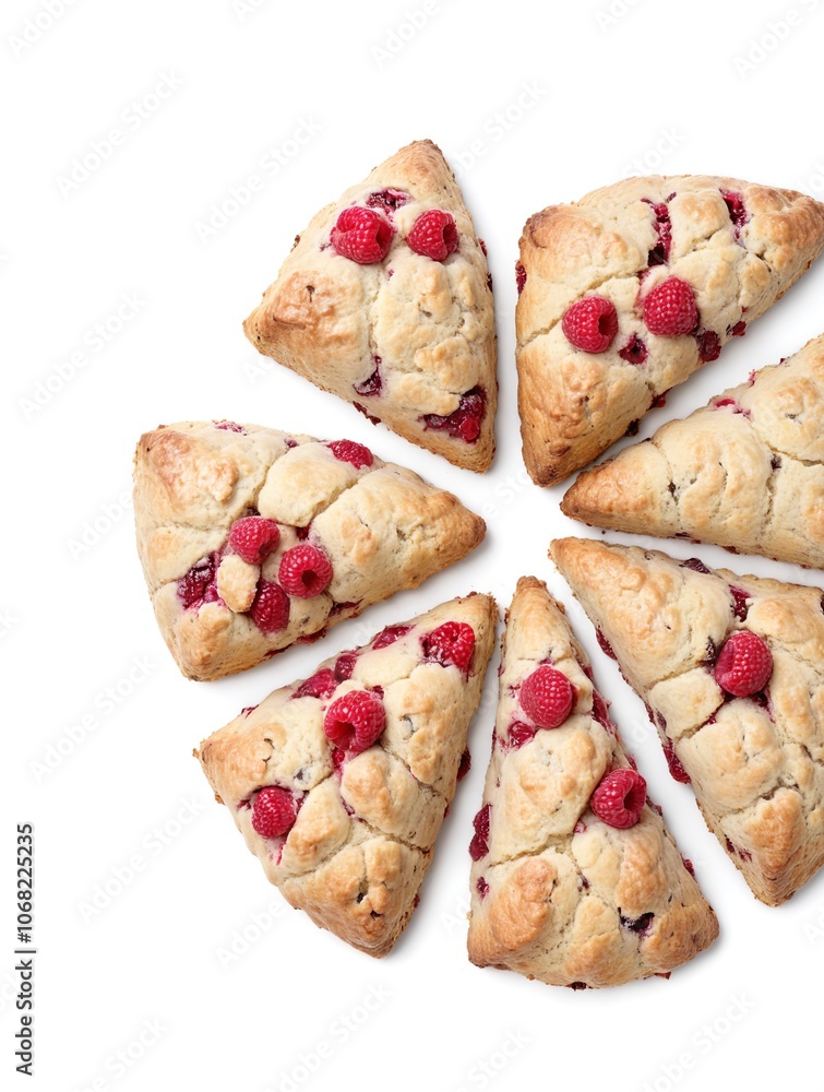 Elegant Fresh Baked Raspberry Scones Glazed and Arranged in a Circle on White Background Elegant Fresh Baked Raspberry Scones Glazed and Arranged in a Circle on White Background