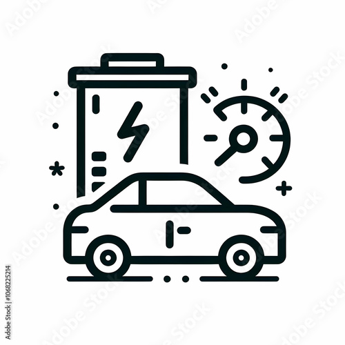 Battery symbol and fuel gauge icon with car outline on white background concept as A car icon outline with a battery symbol and fuel gauge beside it in black and white. This isolated vector is suitabl photo