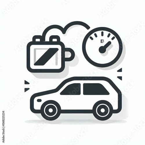 Battery symbol and fuel gauge icon with car outline on white background concept as A car icon outline with a battery symbol and fuel gauge beside it in black and white. This isolated vector is suitabl photo