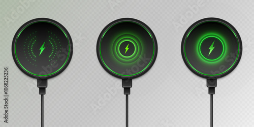 Round wireless chargers with illuminated neon green lightning symbols and rings on transparent background. Realistic 3d set of charging indicators with cables demonstrate power connection stages.