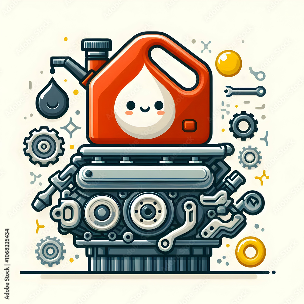 Obraz premium Car engine and oil can symbol isolated on white background concept as Car engine icon paired with an oil can symbol styled in a clean modern format. This vector is useful for mechanical or automotive 
