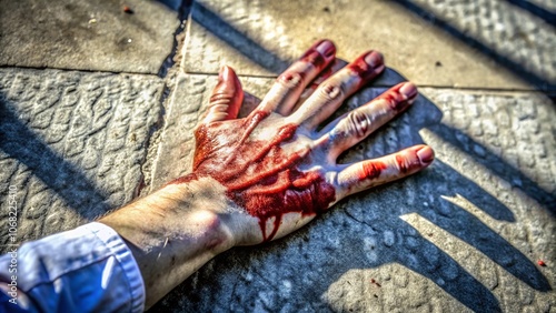 Aerial View of Bloodied Fingers on Textured Surface Amidst Artistic Shadows and Light, Evoking Emotions of Danger and Intrigue in an Abstract Composition photo