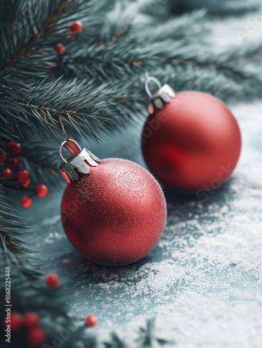 Fondo navideÃ±o con con dos bolas rojas de navidad con textura de pizarra y ramas de Ã¡rbol de navidad. Fondo para navidad photo