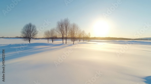 serene snowy landscape with golden sunrise casting warm glow over snow covered field and bare trees, creating long shadows