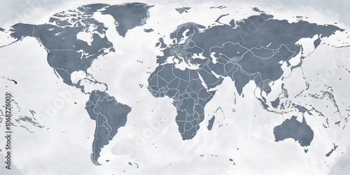 A vintage world map illustrated with muted grey tones and white outlines of country borders