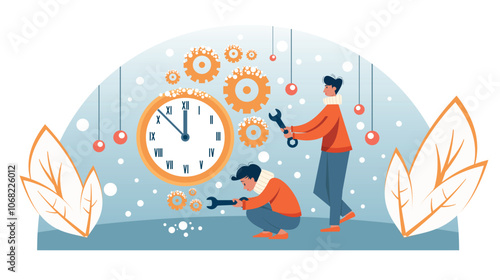 Two men with wrenches repair and adjust the clock mechanism before the new year. Snow on the gears and New Year's toys hanging from above. Dry grass in the snow and falling snow