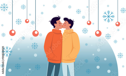 guys kissing against the background of New Year's toys and falling snowflakes. Winter time of love of two men in love. Feelings of closeness of two people