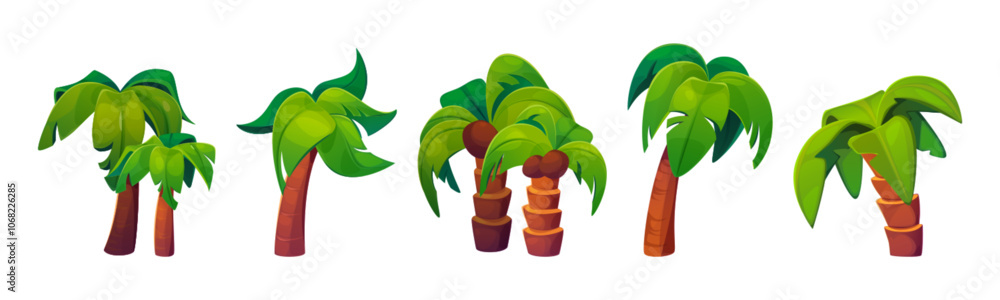 Coconut palm tree game cartoon illustration set. Tropical summer plant with green leaf and coco on branch. Jungle tropic nature for hawaii or california environment. Foliage hawaiian forest clipart