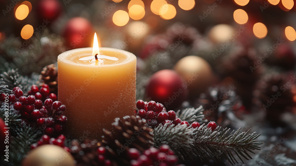 Candle with Ornaments and Pine Cones in Snowy Setting Candle with Ornaments and Pine Cones in Snowy Setting