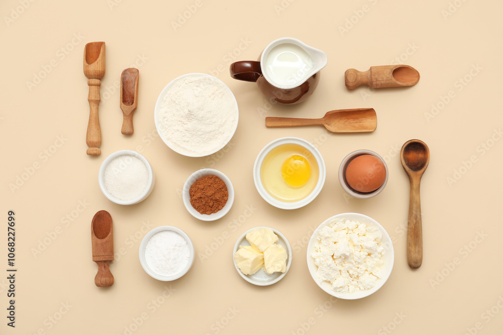 Different ingredients for preparing sweet cinnamon roll on beige background Different ingredients for preparing sweet cinnamon roll on beige background