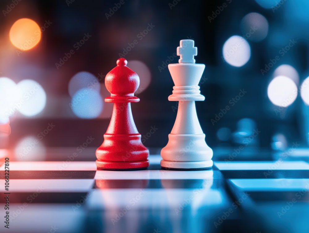 Chess pieces in an intense setup, symbolizing strategic opposition with vibrant lighting effects. Chess pieces in an intense setup, symbolizing strategic opposition with vibrant lighting effects.