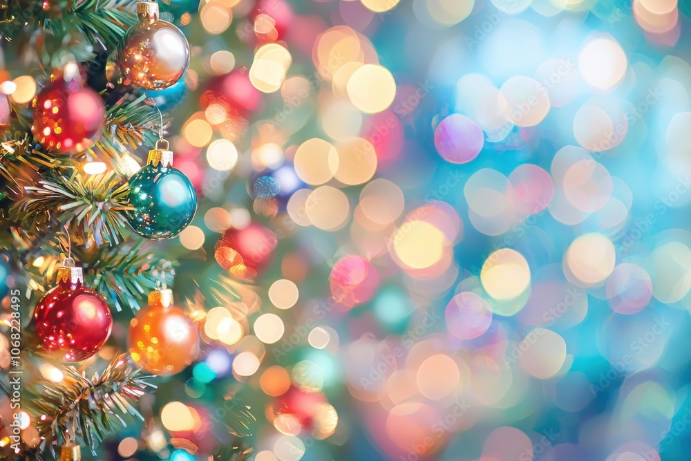 A festive scene featuring a decorated Christmas tree with colorful ornaments and a blurred bokeh background, evoking holiday cheer. A festive scene featuring a decorated Christmas tree with colorful ornaments and a blurred bokeh background, evoking holiday cheer.