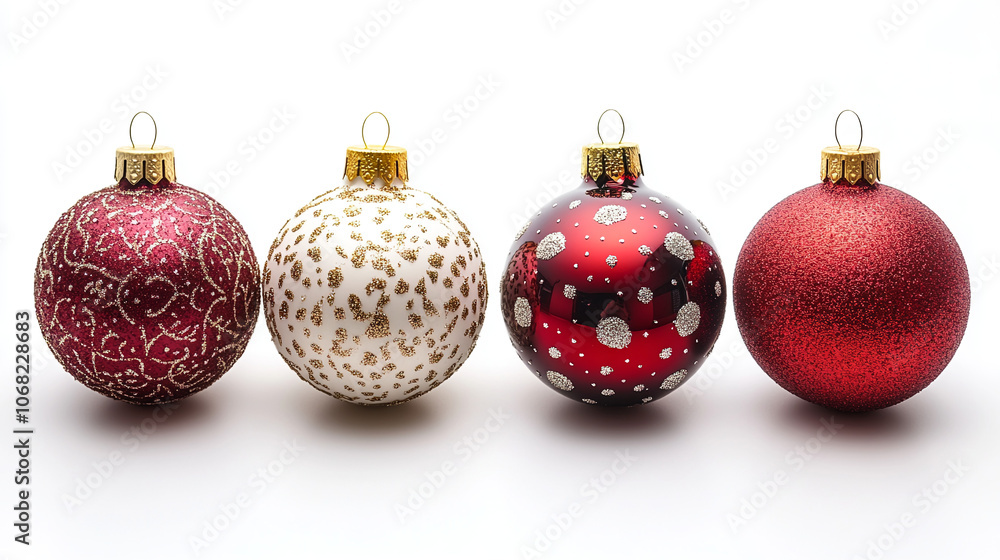 Festive Christmas Ornaments Lined Up on White . Minimalist festive decor. Festive Christmas Ornaments Lined Up on White . Minimalist festive decor.
