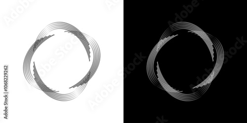 Spiral circular rhythmic sound waves on black and white background. Background of curved lines forming a circle.