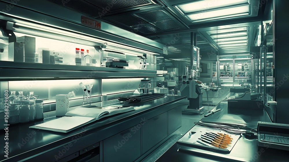 Obraz premium Explore the cutting-edge design of a modern medical research facility with advanced interior raytraced rendering techniques