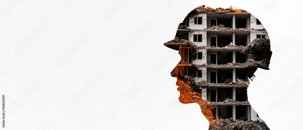 A silhouette of a construction worker layered with an image of a demolition site, symbolizing the interplay between human labor and urban development. A silhouette of a construction worker layered with an image of a demolition site, symbolizing the interplay between human labor and urban development.