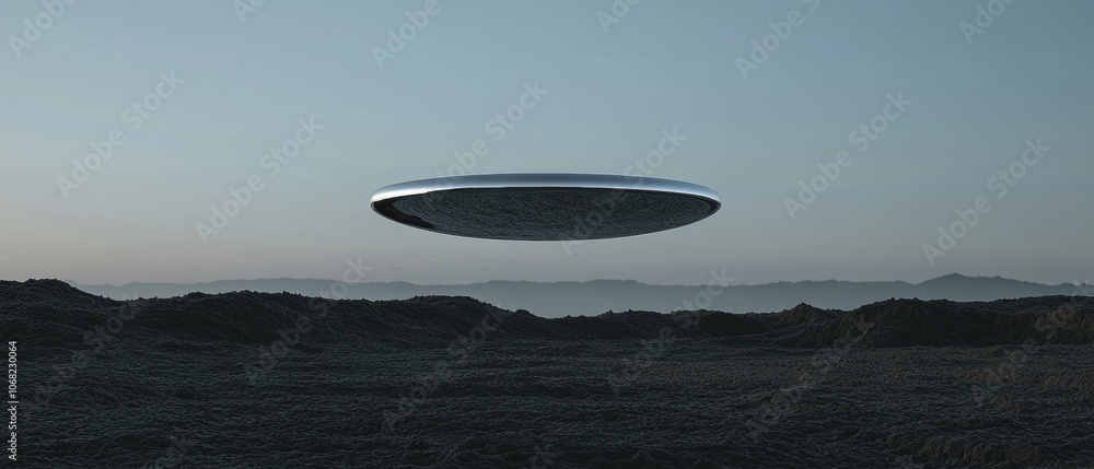 A silver spaceship is flying over a barren landscape A silver spaceship is flying over a barren landscape