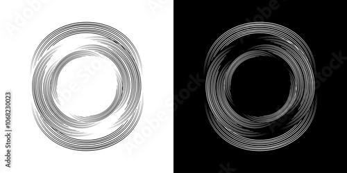 Spiral circular rhythmic sound waves on black and white background. Background of curved lines forming a circle.