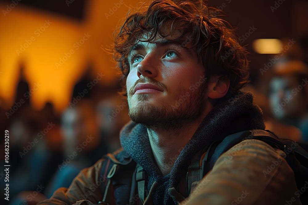 Fototapeta premium a thoughtful man sitting in an auditorium, illuminated by soft stage lights. thoughtful man in auditorium during event