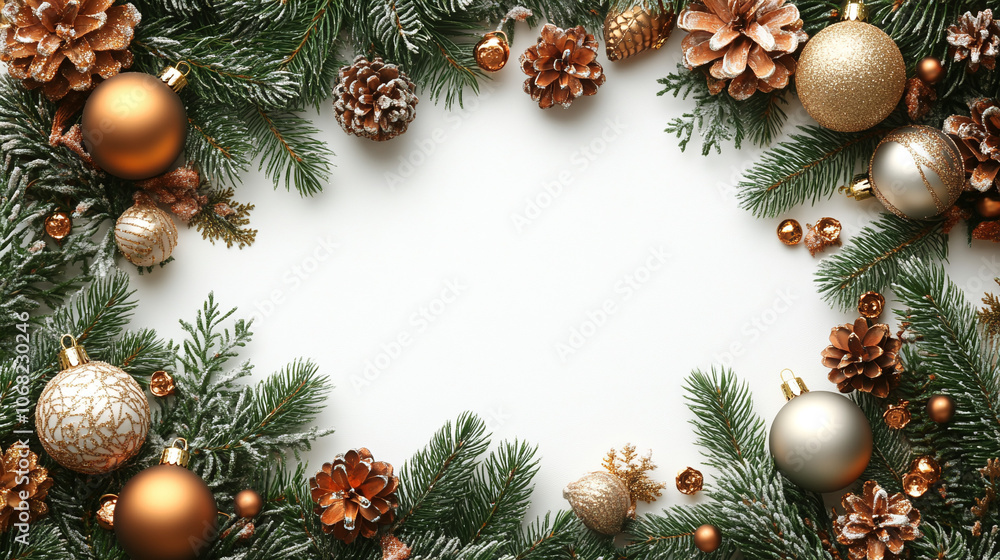 Frame from Pine Cones, Ornaments, Evergreen Branches on White Background Frame from Pine Cones, Ornaments, Evergreen Branches on White Background