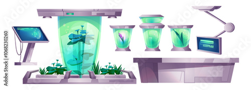 Futuristic spaceship lab interior object for game. Fantasy room inside ship station with cryogenic capsule and monitor panel for plant scientific research. Biotechnology bunker furniture design