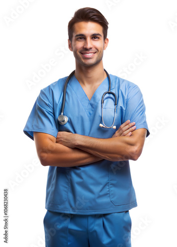 Young male nurse in scrubs and stethoscope