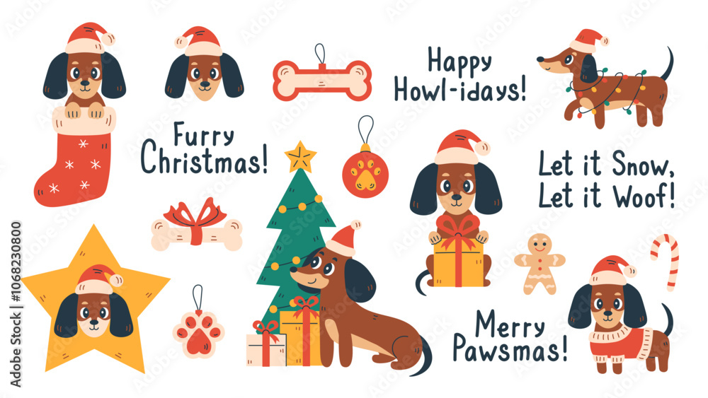 Naklejka premium Christmas Dachshund Dog Vector Set. Cute Puppy Holiday activity stickers collection. Pet illustration with traditional festive symbols accessories and phrases. Animal Xmas badges