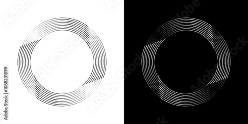 Spiral circular rhythmic sound waves on black and white background. Background of curved lines forming a circle.