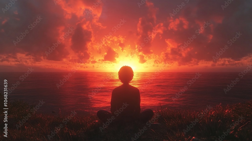 A person sits in silhouette on a grassy cliff overlooking a red sunset over the ocean. A person sits in silhouette on a grassy cliff overlooking a red sunset over the ocean.