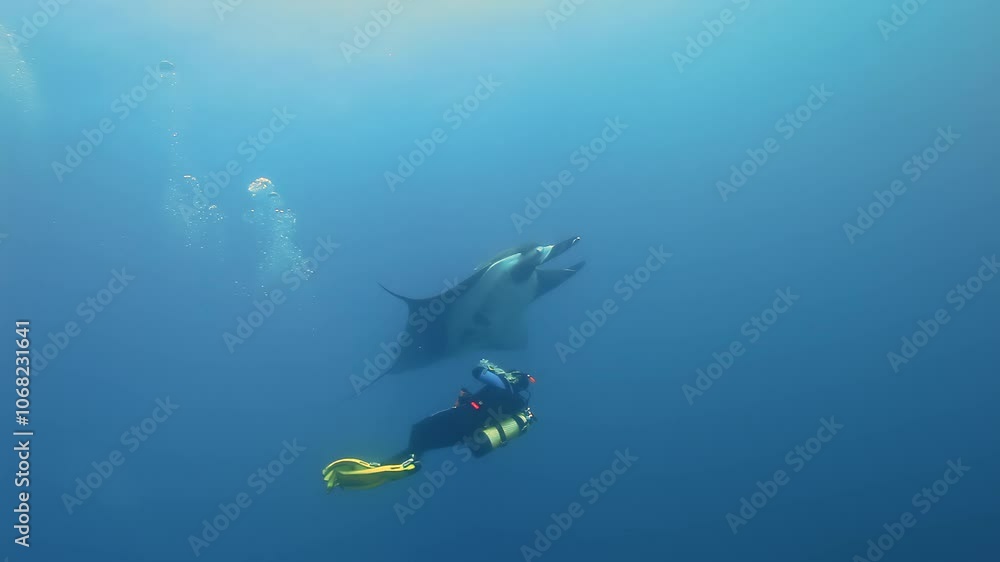 Majestic black manta ray swims through clear waters of Galapagos, accompanied by remora fish. Tranquil underwater scene highlights beauty of marine life in its natural habitat. Majestic black manta ray swims through clear waters of Galapagos, accompanied by remora fish. Tranquil underwater scene highlights beauty of marine life in its natural habitat.