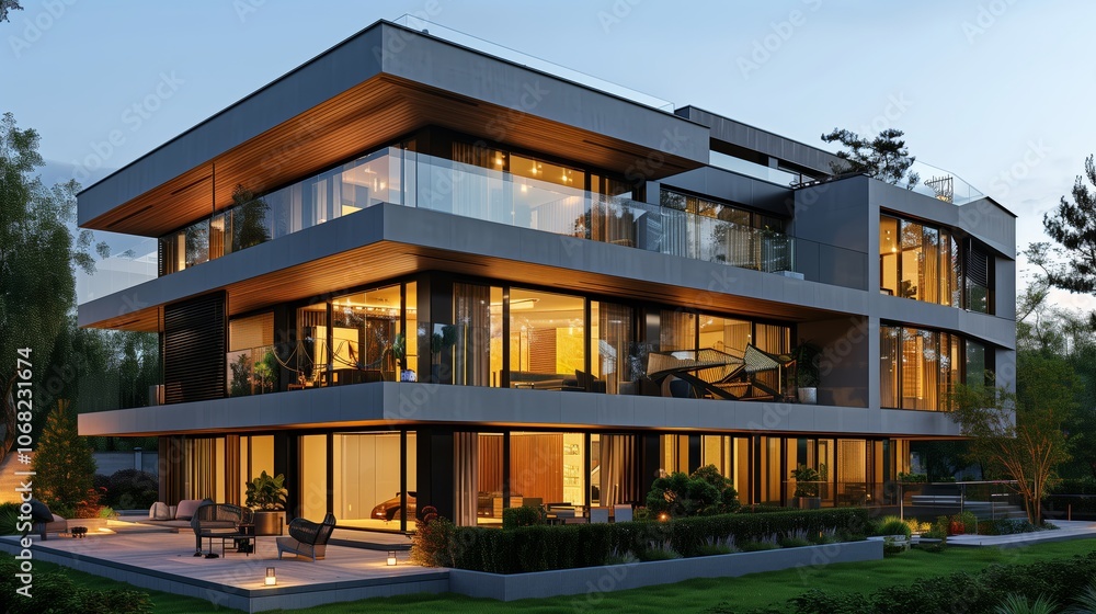Modern apartment building with large glass windows and wooden accents Modern apartment building with large glass windows and wooden accents