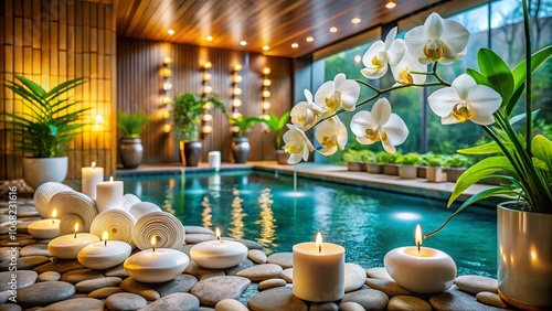 Exquisite Architectural Photography of a Luxurious Spa Featuring MaAn Exuberant and KalSpa White Orchid Surrounded by Smooth Massage Stones for Ultimate Relaxation and Wellness photo