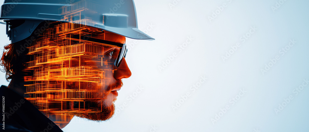 A profile view of a man in a hard hat, featuring a digital overlay of geometric lines and circuits, symbolizing technology in engineering. A profile view of a man in a hard hat, featuring a digital overlay of geometric lines and circuits, symbolizing technology in engineering.
