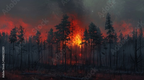 Intense forest fire raging through trees at dusk, consuming vegetation and sending smoke billowing into the darkening sky, illustrating the devastating impact of wildfires