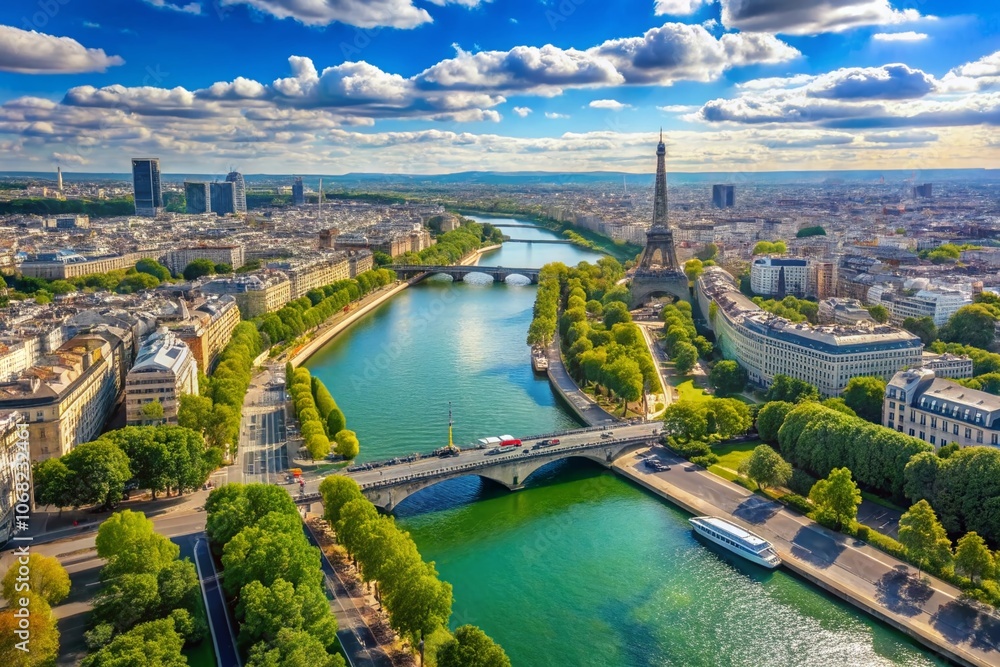 Fototapeta premium Aerial View of the Seine River on a Clear Day in Paris, Showcasing Iconic Landmarks and Lush Greenery Along the Riverbanks, Capturing the Essence of the City of Light