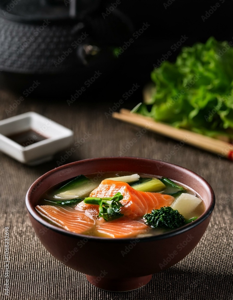 Miso soup with salmon and vegetables Miso soup with salmon and vegetables