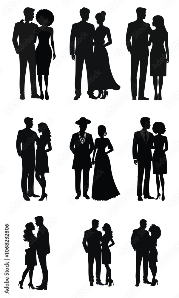 Silhouettes of couples in various poses, ideal for wedding, romance, and fashion design themes. Perfect for use in invitations, graphic design, and creative projects with a romantic, stylish touch. Silhouettes of couples in various poses, ideal for wedding, romance, and fashion design themes. Perfect for use in invitations, graphic design, and creative projects with a romantic, stylish touch.