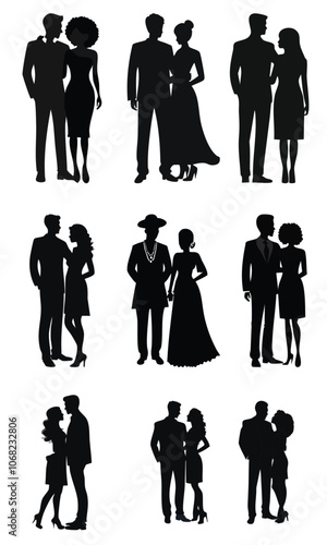 Silhouettes of couples in various poses, ideal for wedding, romance, and fashion design themes. Perfect for use in invitations, graphic design, and creative projects with a romantic, stylish touch.