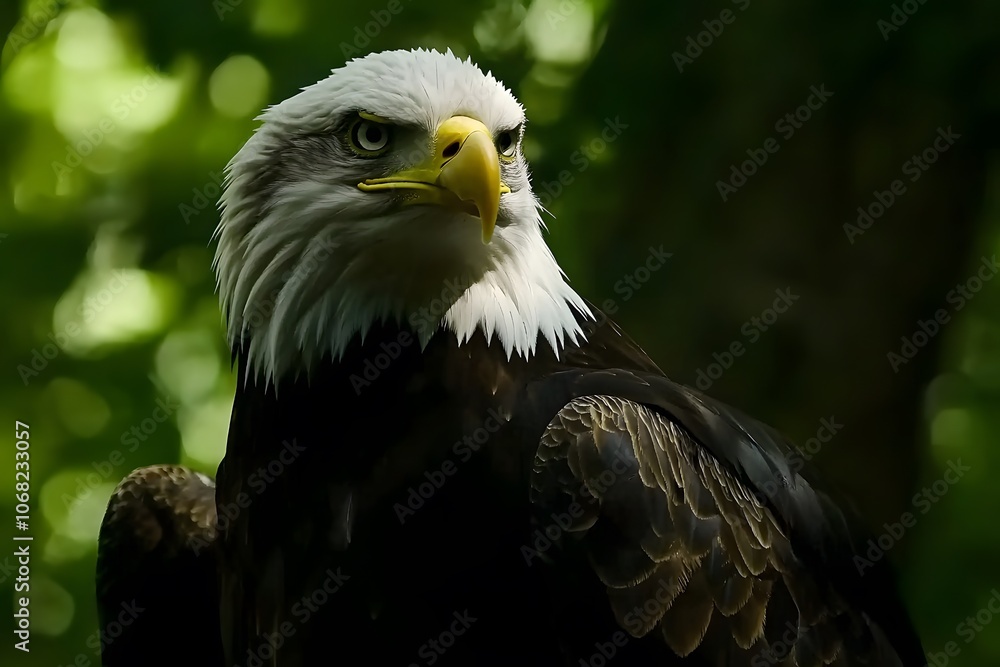 Majestic bald eagle with sharp gaze, perched in a forest. Majestic bald eagle with sharp gaze, perched in a forest.
