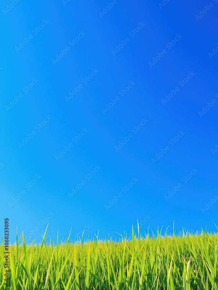 Vibrant and lush green grass meadow under a clear blue sky, natural, sunny Vibrant and lush green grass meadow under a clear blue sky, natural, sunny