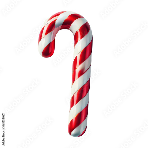 Red and White Striped Candy Cane on White Background.