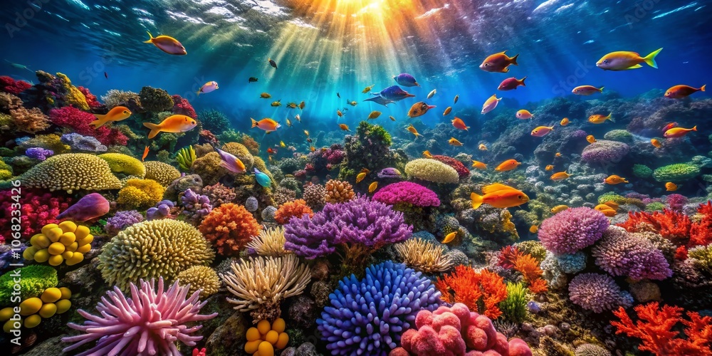 Obraz premium Aerial View of Vibrant Coral Reef Teeming with Colorful Fish and Diverse Coral Species in Crystal Clear Waters, Showcasing the Beauty of Marine Life and Ecosystems