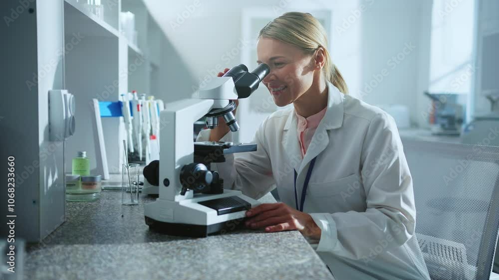 Smiling scientist woman looking under the microscope worker in the laboratory. Medicine, biotechnology research. Pharmacology Smiling scientist woman looking under the microscope worker in the laboratory. Medicine, biotechnology research. Pharmacology