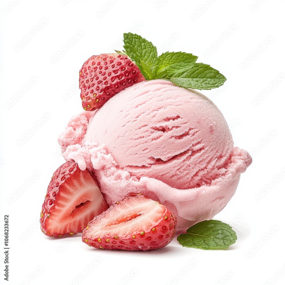 Delight your taste buds with creamy strawberry ice cream topped with fresh berries and mint leaves Delight your taste buds with creamy strawberry ice cream topped with fresh berries and mint leaves