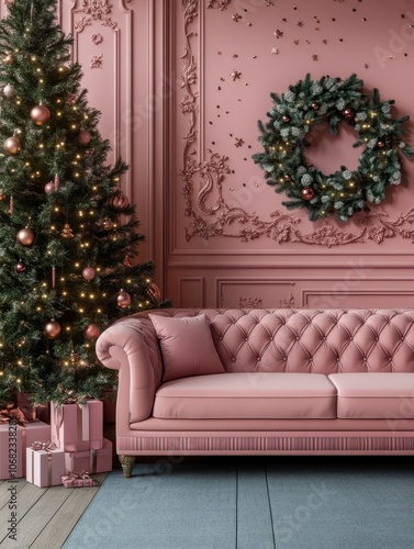 Pink sofa, gifts and Christmas tree. Glitter on the pink wall.