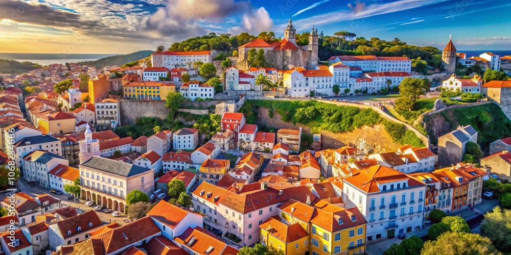 Naklejka premium Aerial Views of Life in Portugal: Capturing Vibrant Streets, Scenic Landscapes, and Cultural Moments from Above in Stunning Detail and Colorful Perspectives