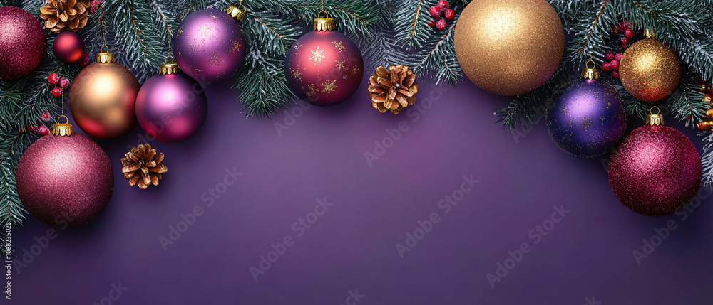 A festive Christmas image featuring elegant ornaments on a smooth purple backdrop, ideal for holiday invitations, gift cards, or seasonal marketing campaigns. A festive Christmas image featuring elegant ornaments on a smooth purple backdrop, ideal for holiday invitations, gift cards, or seasonal marketing campaigns.