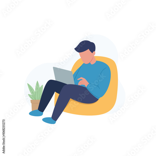 Men freelancer in trendy style working his project remote job from anywhere vector illustration