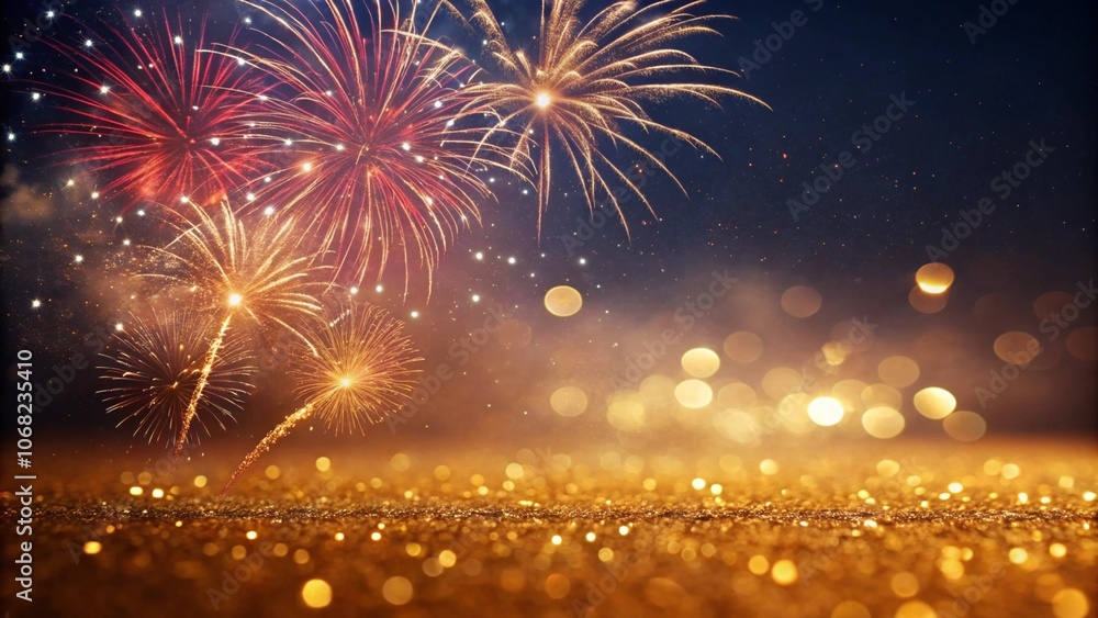 Fototapeta premium abstract gold glitter background with fireworks. christmas eve, new year and 4th of july holiday concept. 